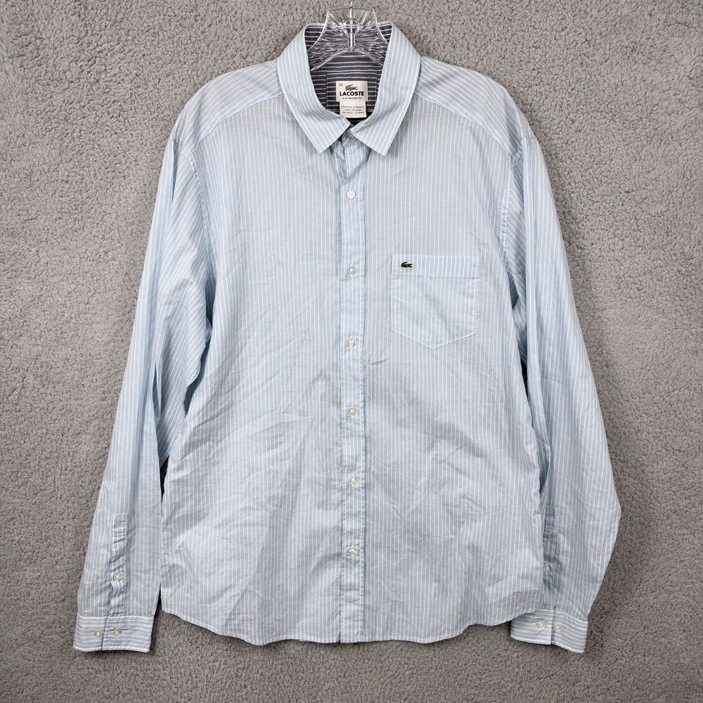 Lacoste Mens Blue White Striped Button Up Shirt Pocket Slim Tailored Fit Size 42